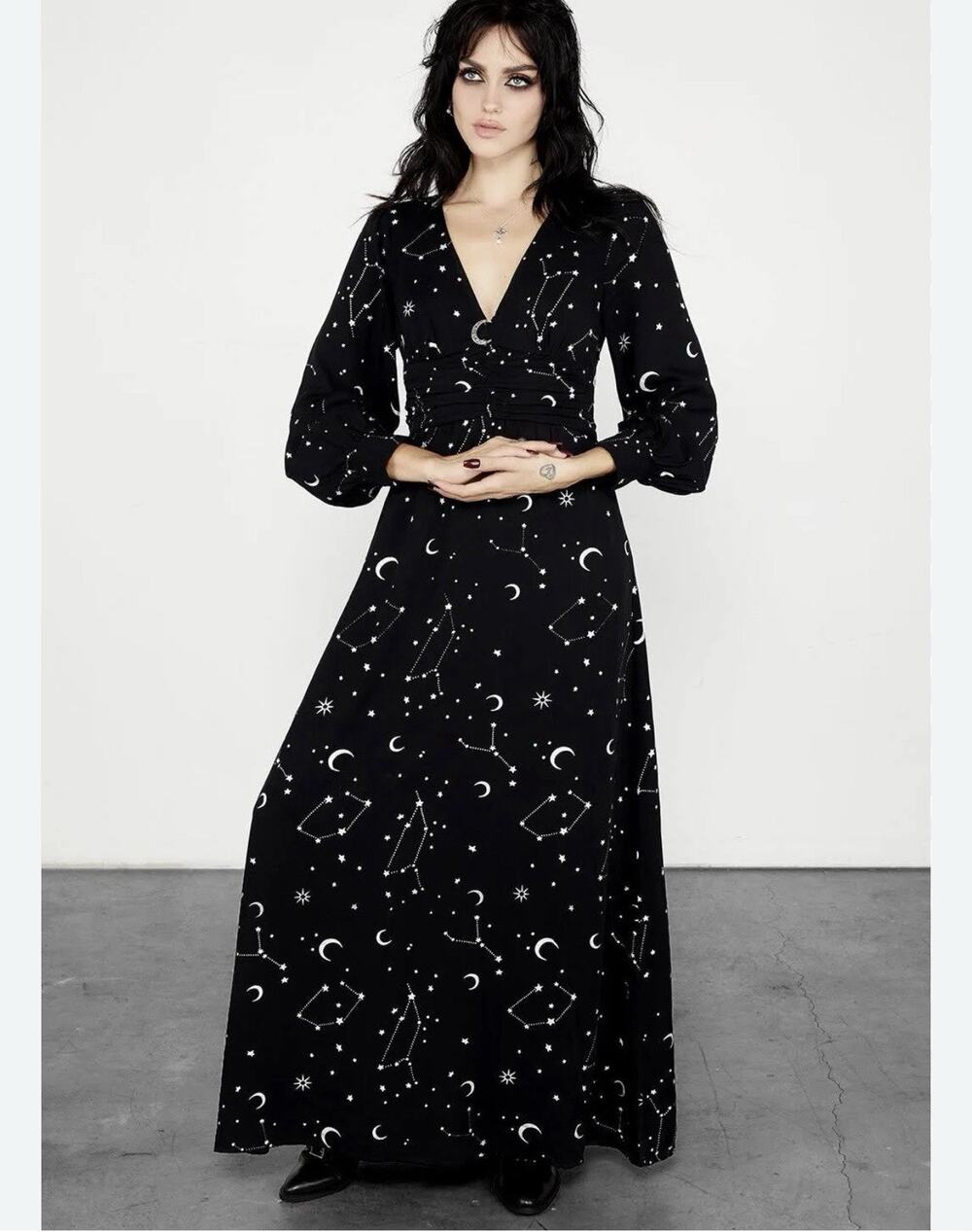 Disturbia Celestial Maxi Dress Silver Foil Moon Star Whimsigoth Gothic Grunge 6